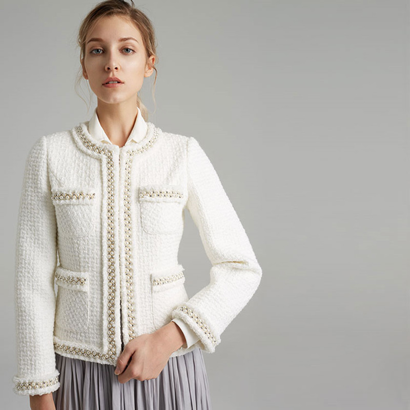 

Women Autumn Winter Runway Short White Pearls Beading Jacket O Neck Long Sleeve Pocket Casual Work Business Jacket Coat