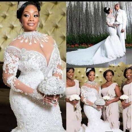 

Luxury 2020 South African Mermaid Wedding Dresses Lace Crystals Beading Long Sleeves Bridal Gown High Neck Sheer Neck Plus Size Vestiods, Ivory