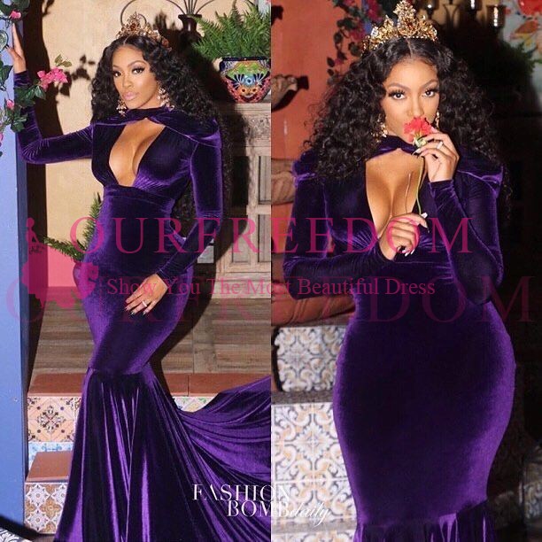 

2020 Gorgeous Halter Keyhole Neck Long Sleeve Prom Dresses Purple Velvet Sexy Mermaid Sweep Train Formal Occasion Evening Party Dresses, Hunter