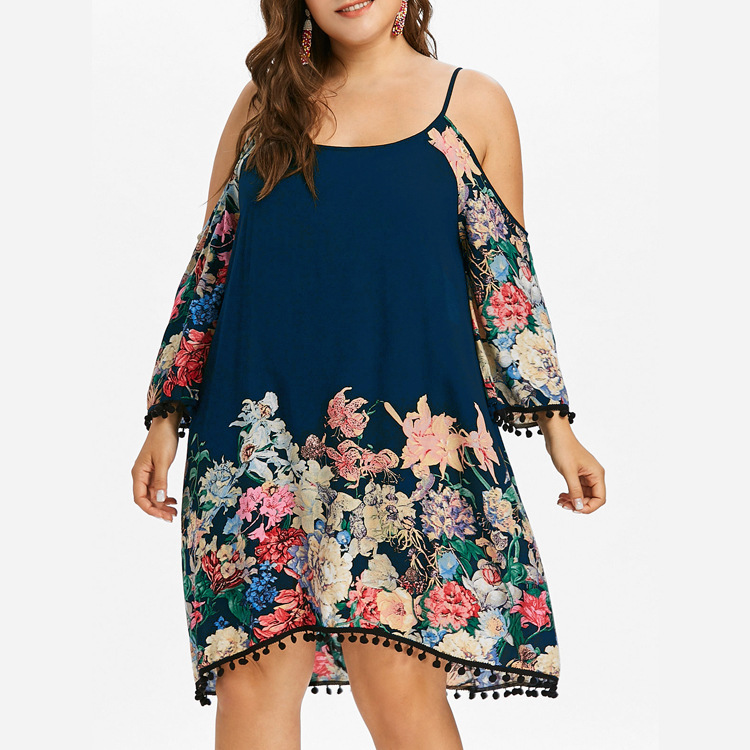 

Summer Plus Size Dresses for Women 5x Popular Large Size Ladies Loose Strap Off Shoulder Printed Dresses, Black