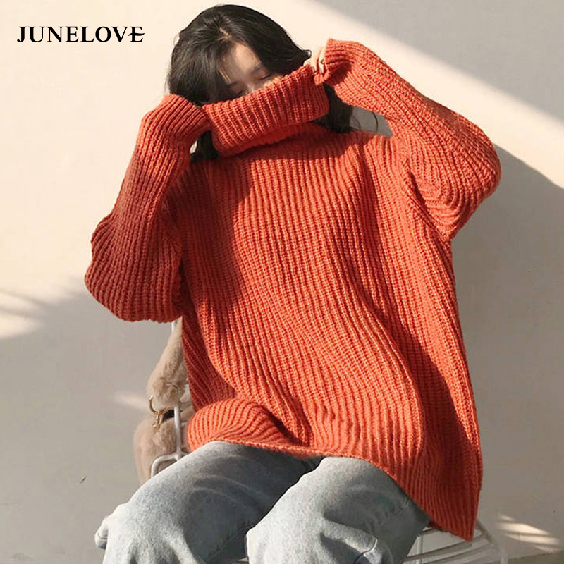 

JuneLove women spring solid loose street sweater vintage lady turtleneck Long sleeve casual pullovers female knitted sweater top, Ap