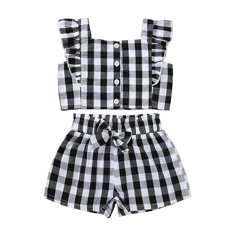 

Girls Cotton-polyester Flying Sleeve Tops and Short pant Set Two-piece Baby Lattice T-shirt and Short Trousers Suit ZHT 393, As picture