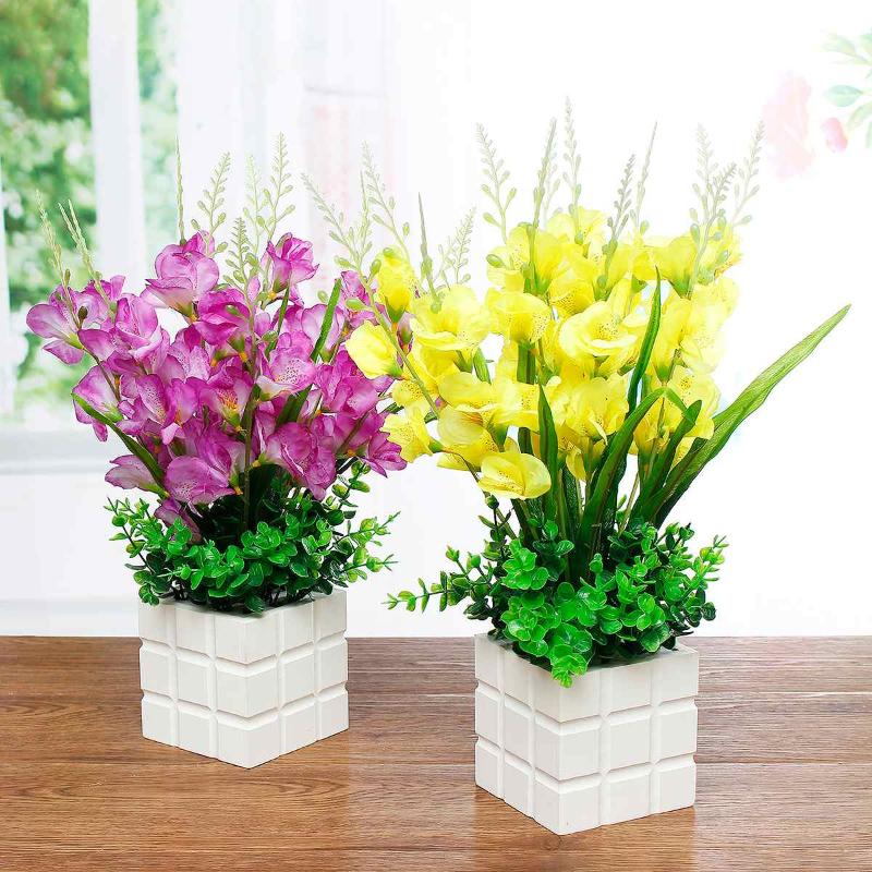 

Hot Artificial Plants Fake Orchid Potted Flowers Wedding Decoration Garden Bonsai Pots 5 Colors Home Party Floral Ornaments 49cm, Yellow
