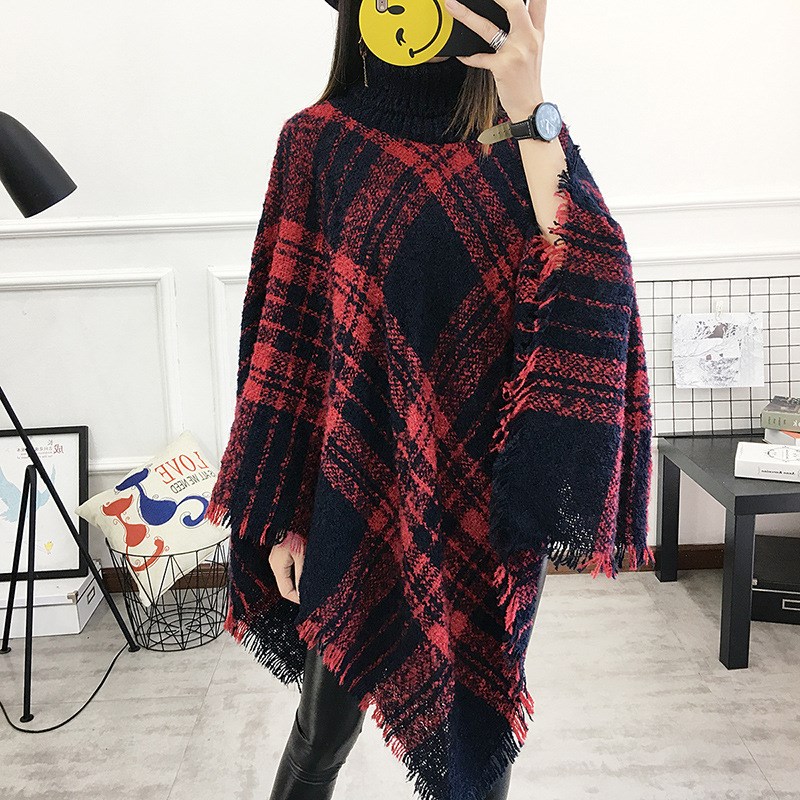 

Autumn Casual 13 Colors Women Turtleneck Tassel Cape Knit Poncho Batwing Sleeve Free Size Wool Plaid Cardigan, Beige