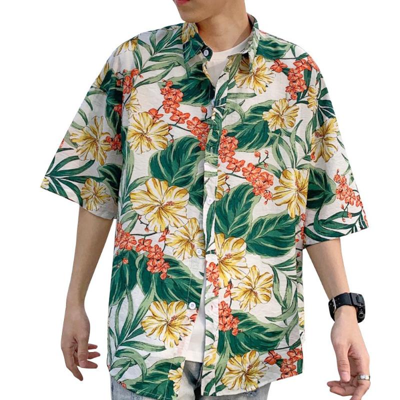 

Summer Women Men Shirt Personality Loose Yellow Floral Printing Short Sleeve Retro Hawaii Beach Shirt Top For Female Male, C104