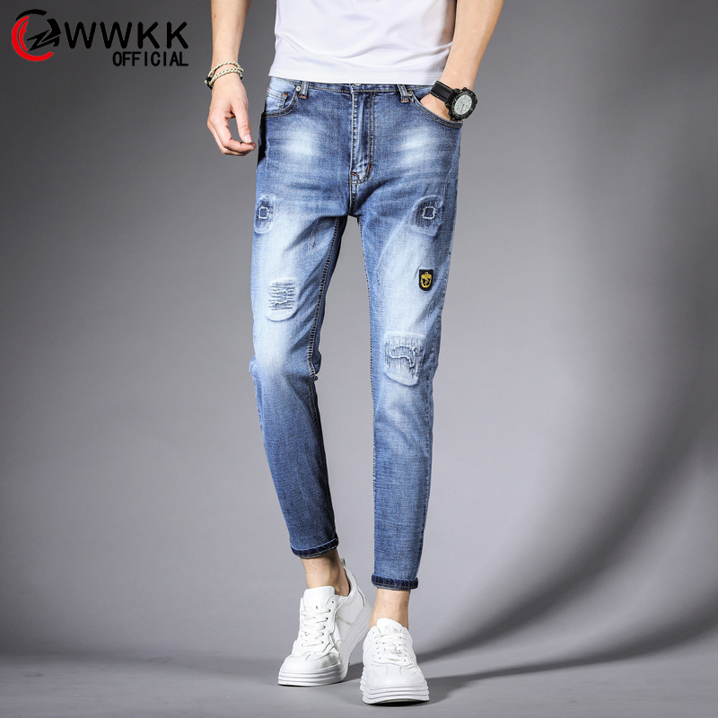 

WWKK 2020 spring new jeans men light wash straight regular slim fit denim trousers plus size brand clothing Ankle-Length Pants, Blue