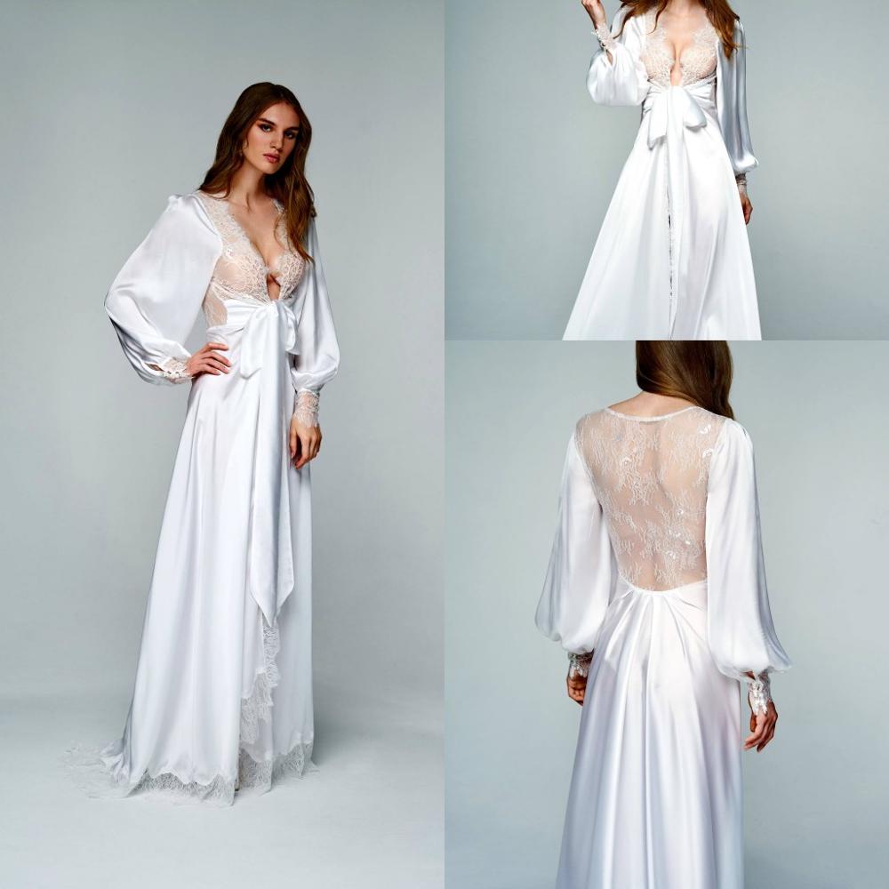 Vente chaude Blanc Robes De Mariée Col En V À Manches Longues En Dentelle Personnalisé Femmes Peignoir Satin De Soie Etage Longueur Robe De Nuit