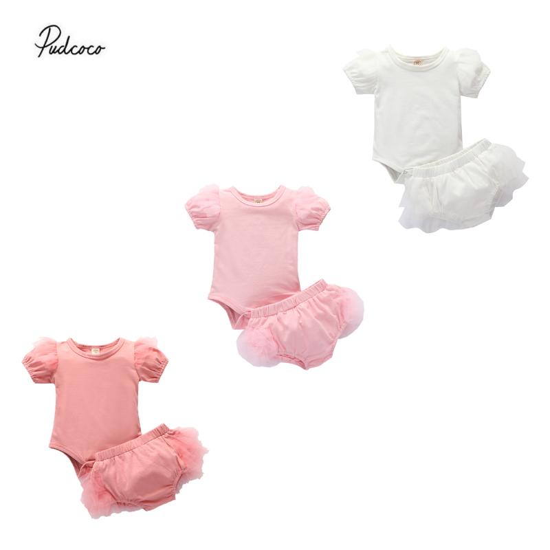 

2020 Sweet 0-24M Baby Girl Princess 2pcs Clothes Lace Puff Short Sleeve Solid Blouse Tops Ruffle Triangle Tutu Shorts Skirts Set