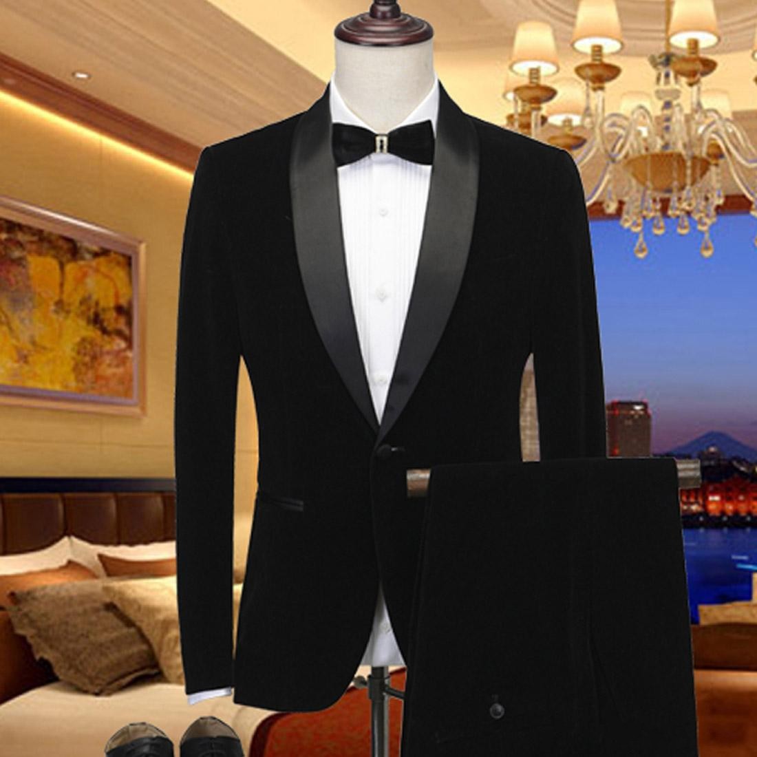 

Popular Black Velvet Groom Tuxedos Shawl Lapel Groomsmen Wedding Dress Autumn Winter Style Men Formal Party Prom Suit(Jacket+Pants+Tie) 92, Same as image