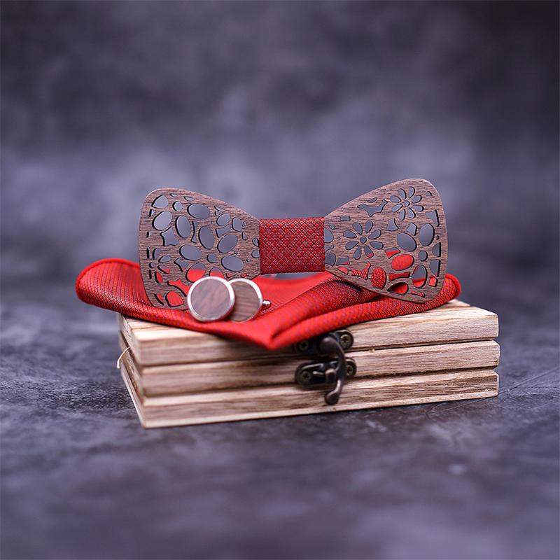 

2020 Men Chic Manual Wooden Bow Tie Handkerchief Set Men's Bowtie Wood Hollow Carved And Box Gift pajaritas para hombre 50