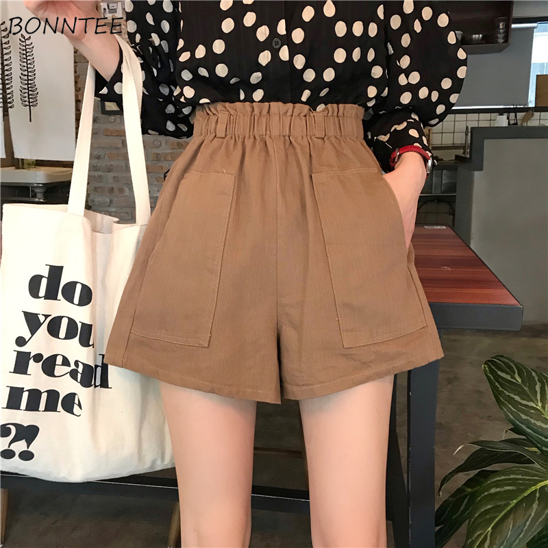 

Shorts Women 2020 Chic Summer Literary Flare A-Line Pockets Womens High Graceful Solid Elastic Ladies Leisure Slim Trendy Simple, Black
