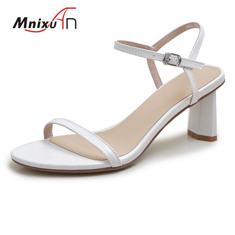 

Handmade elegant women sandals high heels 2020 summer new open toe genuine leather block heels white ladies dress shoes size 42, Black