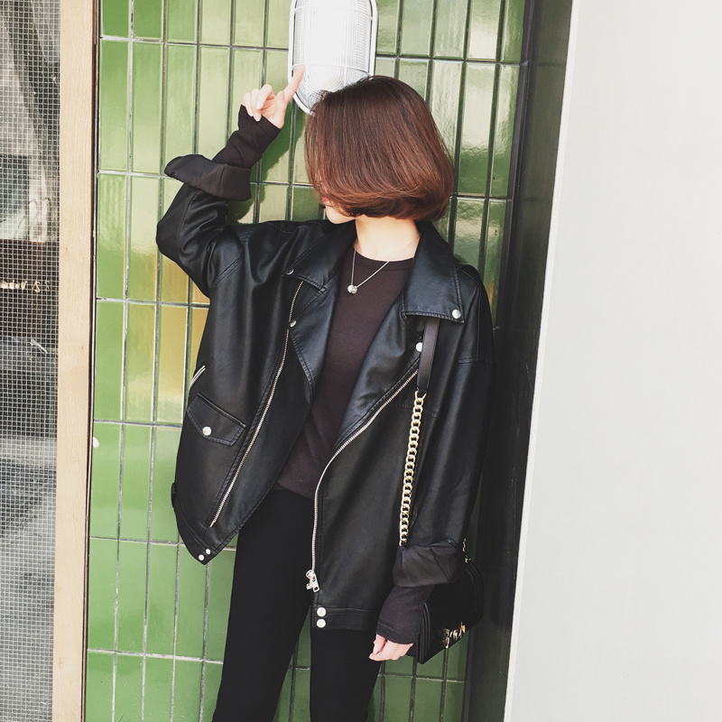 

Leather Jacket Boyfriend Black Coat Woman Jackets Chain Jacket Punk Large Size Blazer Black Coat Turn-down Collar
