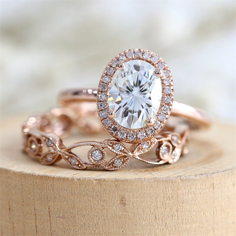 

18K Rose Gold Filled Antique Design White Sapphire and Diamond Bridal Wedding Ring Set US Size 5-12, Silver