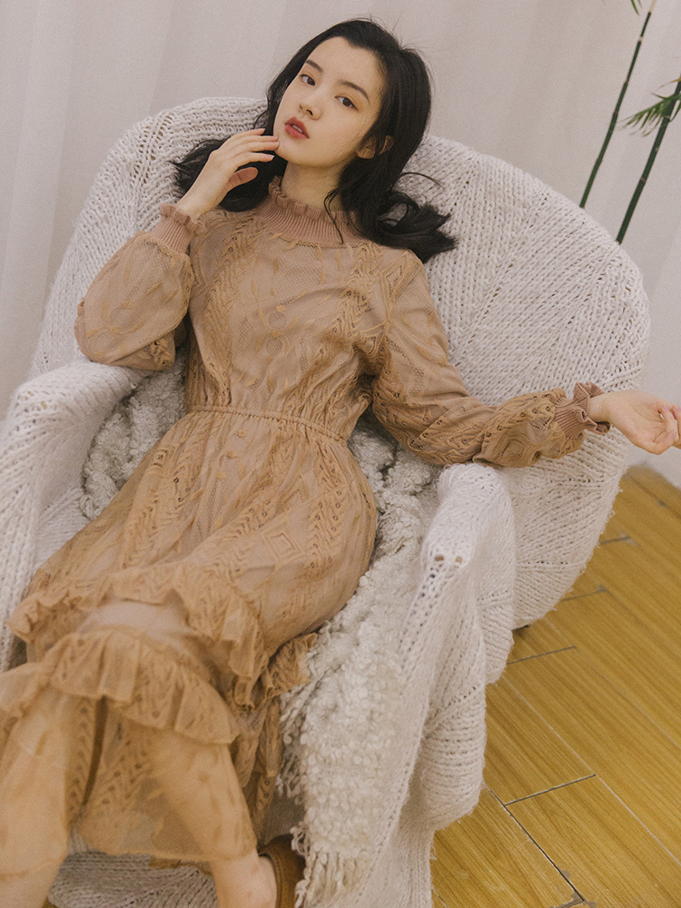 Best Quality Series Casual Dress Lace Pacthwork Knit Khaki Ruffle