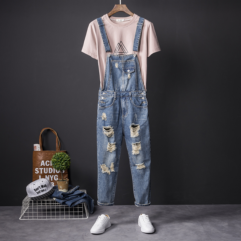 

Summer wear overalls Korean version of the trend washed hole denim nine-point pants men' jumpsuit, Blue
