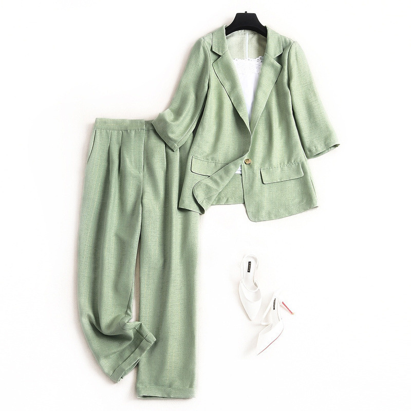 

Women spring green blazer suit new 2020 elegant 3/4 sleeve one button blazers + elastic waist pants two piece outfits, Army green