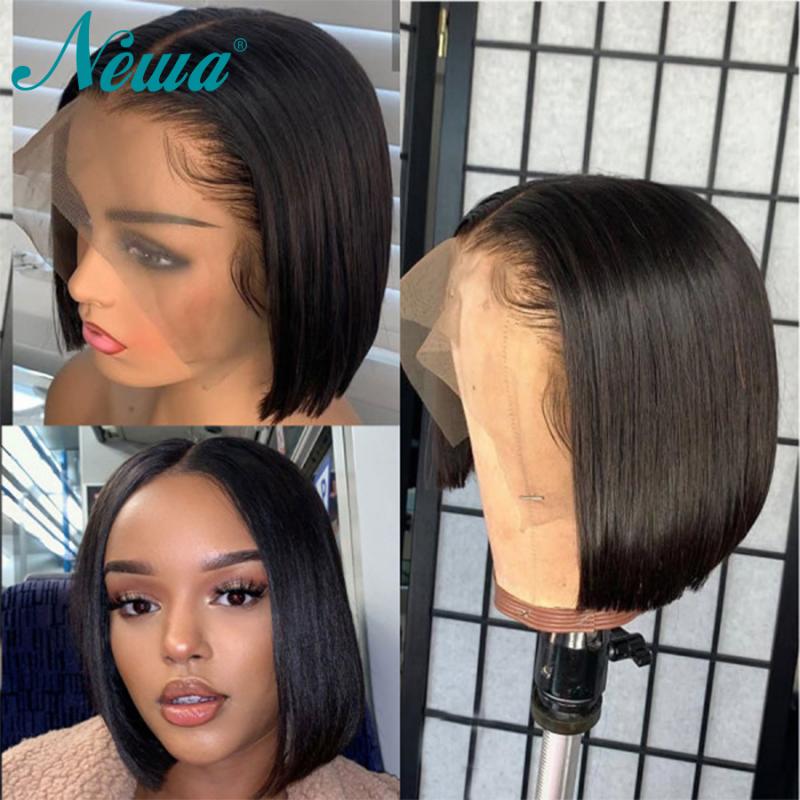 

Short Lace Front Human Hair Wigs Straight Lace Front Bob Wig Pre Plucked Brazilian Remy Hair Fake Scalp Wig Newa Wigs, Natural color