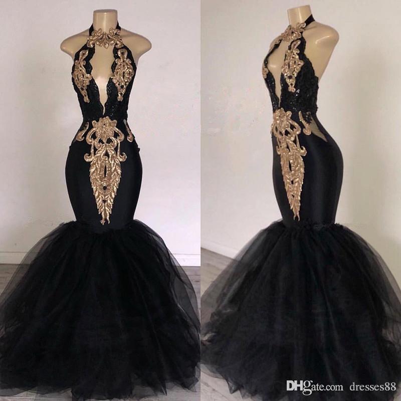 

2019 Mermaid Black Prom Dresses with Gold Appliqued South Africa Formal Evening Dress Halter Neck Sweep Train Occasion Party Dresses, Ivory