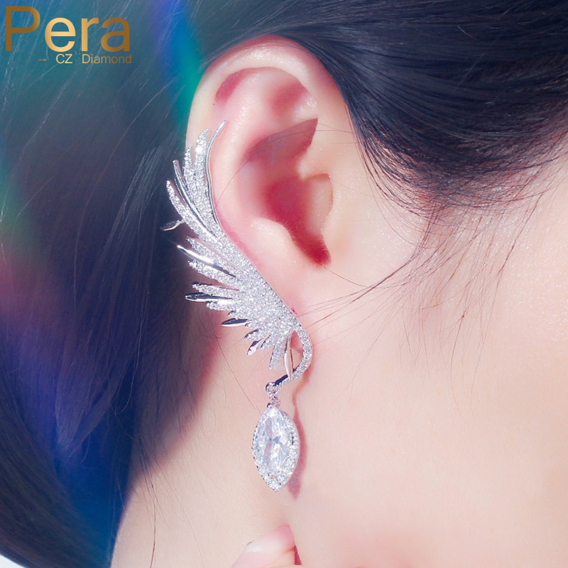 

Stud Pera Fashion White Cubic Zirconia Long Angel Wing Leaf Dangle Drop Earrings For Women Ear Cuff Daily Party Jewelry E460