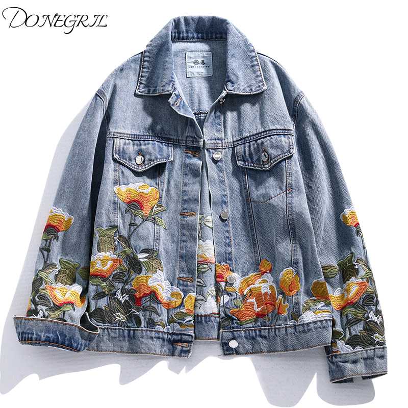 

2020 Spring Autumn New Embroidered Flower Jeans Jacket Women Loose Short Coat Denim Jacket Vintage Casual Outerwear Womens, Blue