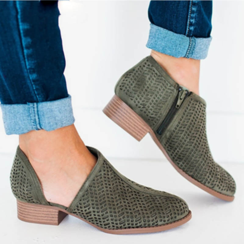 

Women Hollow Out Zip Plus Size Spring Ankle Boots Ladies Fashion Thick Low Heels Female Casual Breathable Shoes, Black