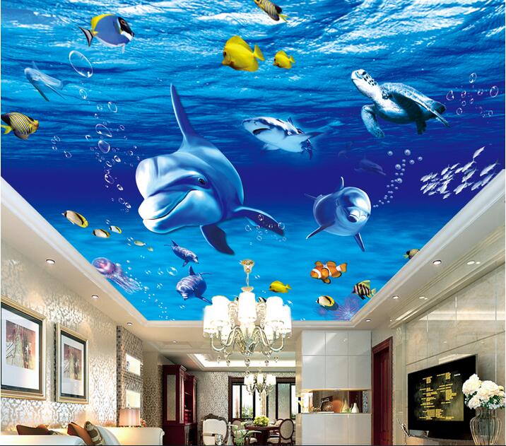 

3d ceiling murals wallpaper custom photo Undersea world dolphin fish background home decor living room 3d wall mural wallpaper for walls 3 d, Non-woven