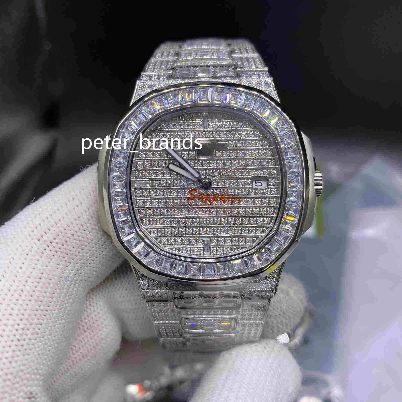 

TOP Quality Men's Automatic Watches Iced out Diamond Watch 40MM Silver Stainless Steel Baguettes Diamond Bezel sapphire Watch