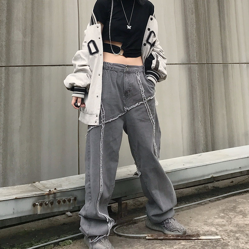 

Retro Harajuku Streetwear Jeans Women Loose Tassel Washed Pants Female, Gray