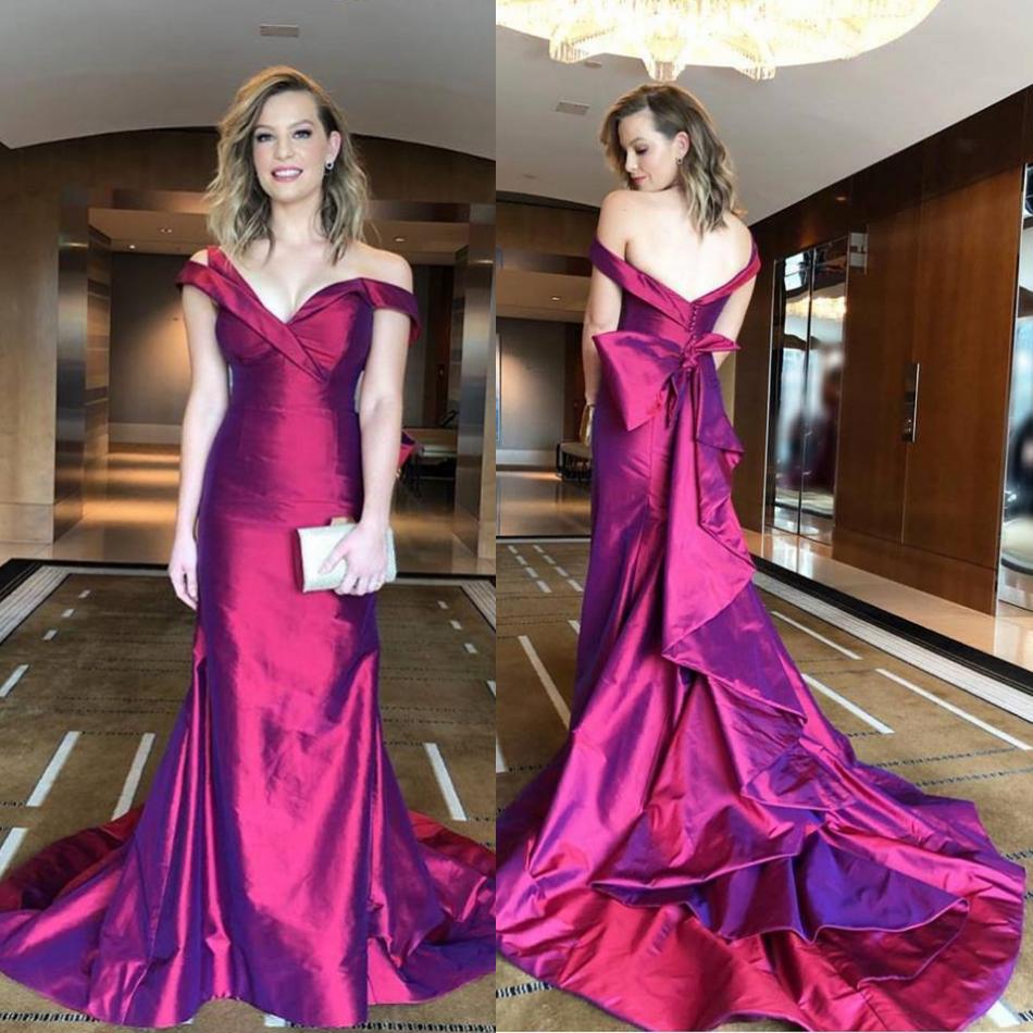 

2019 Elegant Evening Dresses With Bow Off The Shoulder Sweep Train Mermaid Prom Dress Custom Made Formal Party Gown Abendkleider, Black