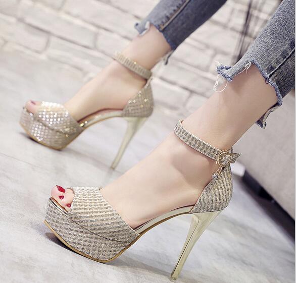 

2019 summer new rhinestone sandals women's fine heels high-heeled Korean version of the platform gold hollow fish mouth women's shoes, Black