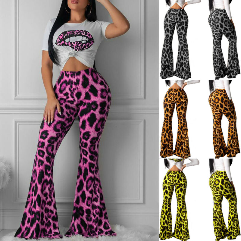 

Women' Flared Leg Stretchy Pants Bell Bottom Leopard Long High Waisted Trousers Ladies Hot Printed Long Pants Clothing, Black