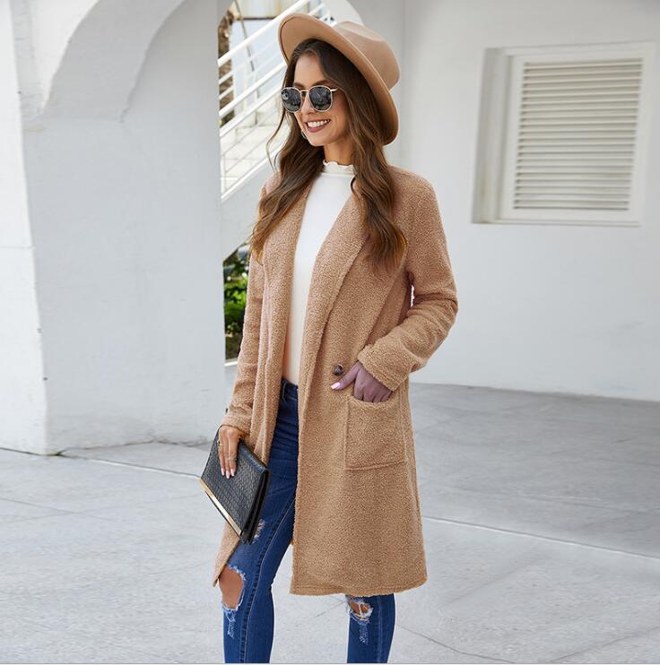 

yeloow wool coat Loose autumn winter models long-sleeved plush woolen woolen coat women' long elegent vintage office lady, Khaki