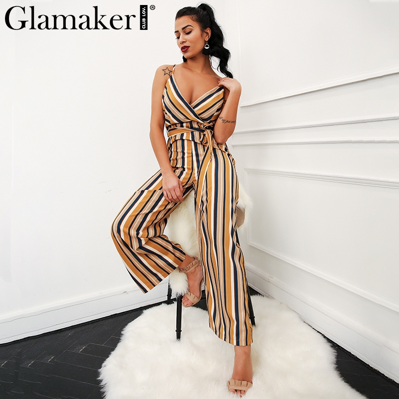 

Glamaker Sexy multi striped wrap high waist jumpsuit romper Women loose belt long summer playsuit Female strap jumpsuit overalls, Stripe1