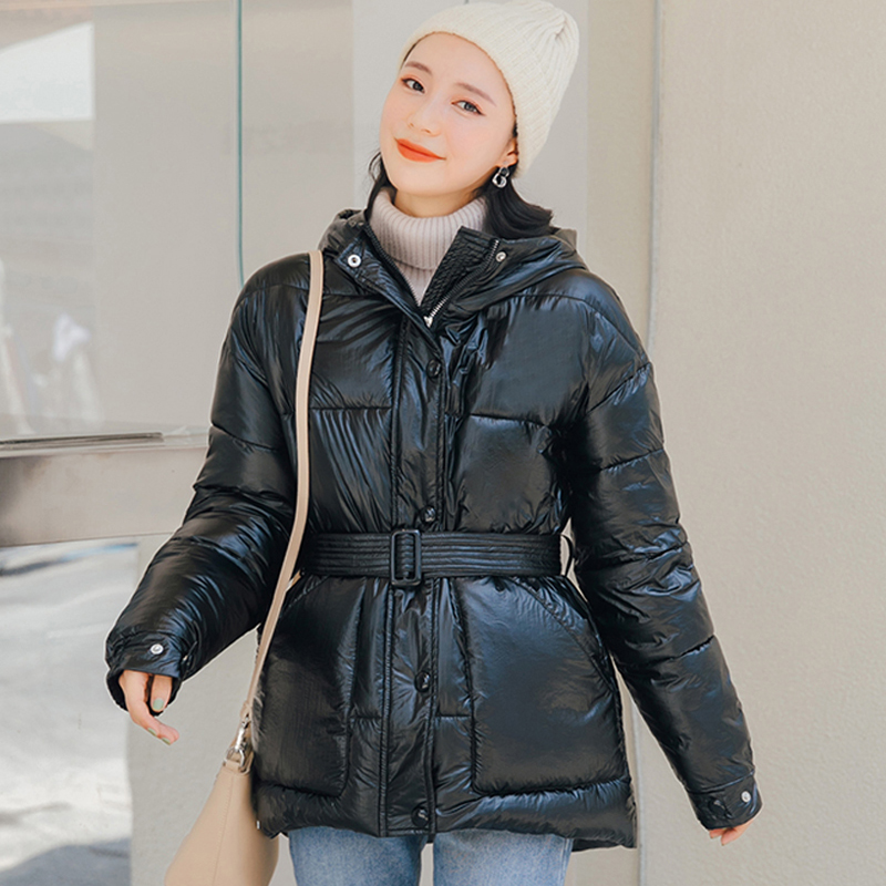 

With Belt 2019 New Design Women Winter Jacket 5 Solid Colors Hooded Female Padded Coat Ladies parka Mujer Invierno, Black