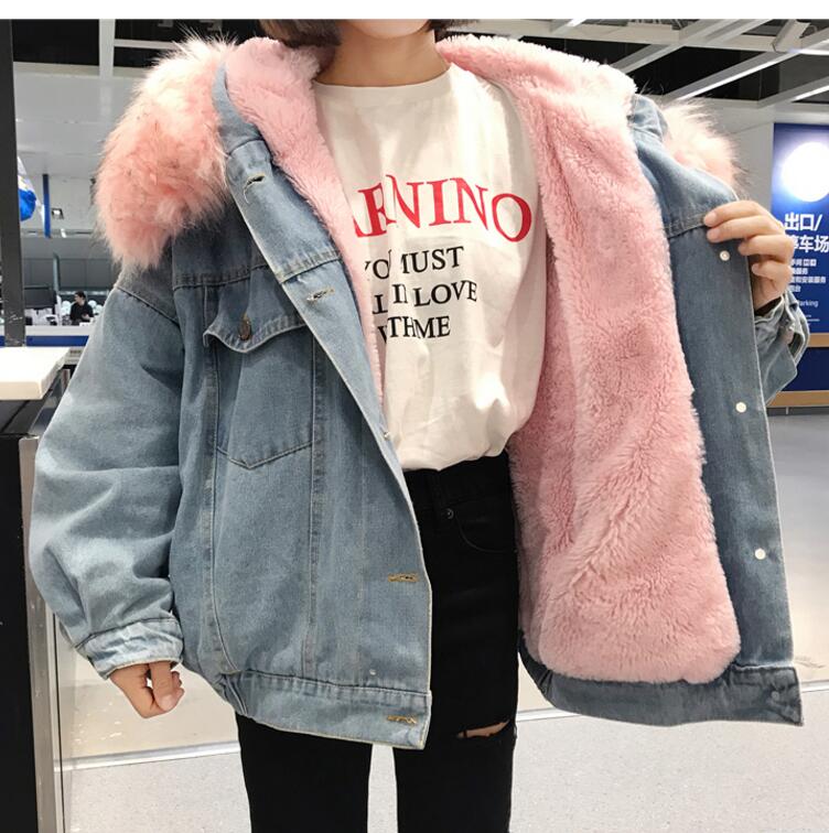 

With Fur Trim Hood Cotton Liner Long denim jackets women winter hardy warm denim coats jackets female plus size loose outerwear, White