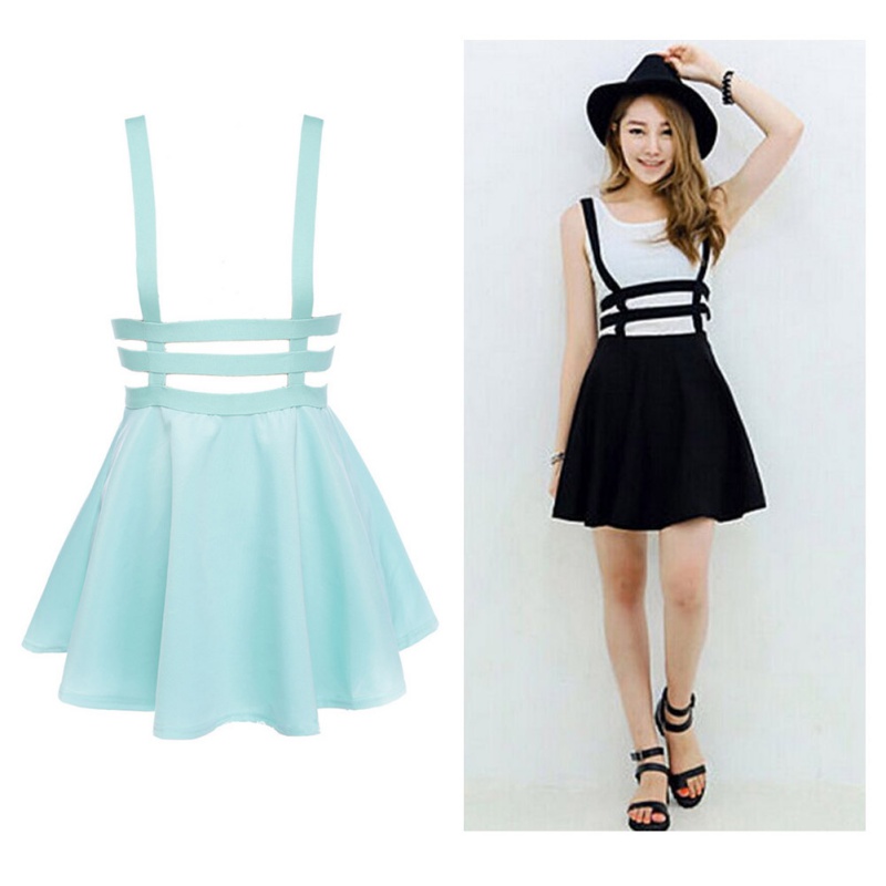 

Retro Hollow Mini Skater Cute Women Suspender Clothes Straps High Waist Skirt, White