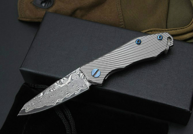 

Mini stripeTitanium Handle Damascus Keyring Pocket Knife ball bearing pocket keychain folding gift knife for man 1pcs Adul