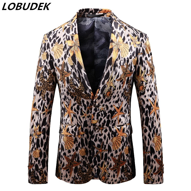 

British Style Leopard Blazers Men Casual Coat Shell Pattern Printing Slim Fit Blazer Singer Host Prom Suit Jackets Autumn Winter