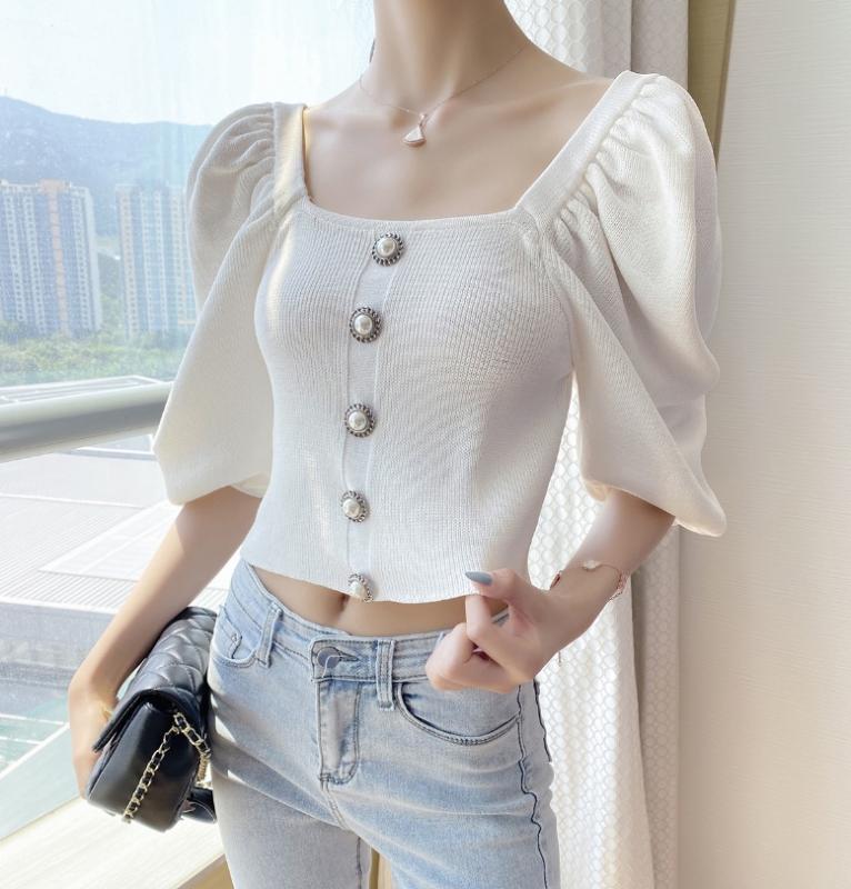 

Pearl buckle square collar women knitted tops solid color puff sleeve slim wild lady short knitted sweater 2020 summer new, White