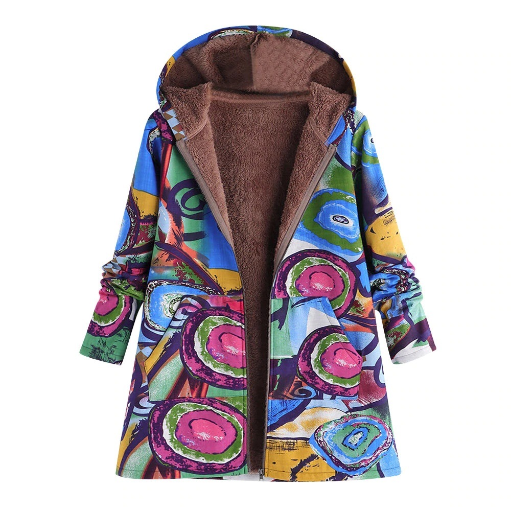 

Fashion 2019 New Graffiti Printed Women' Coat Zipper Turn-down Collar Hooded Jackets Female Outerwear Tops, Blue
