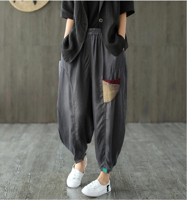 

Summer Jeans 2020 Women Retro Elastic Waist Loose Casual Denim Pants Ladies New Patchwork pocket Vintage All-match Trousers, Blue