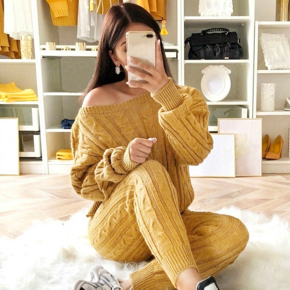 

Women 2 Piece Set Christmas Tracksuit Autumn Winter Knitted Set Ladies O Neck Pullover Solid Color Tops+Pants Set Outfit Y200701, Bright yellow