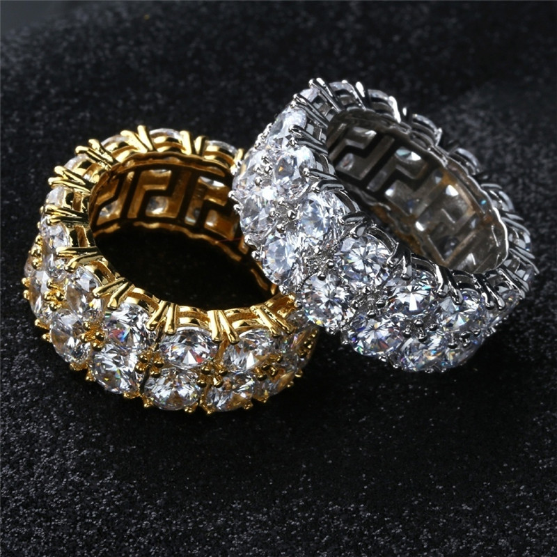 

Exquisite 18K Yellow Gold/925 Sterling Silver Double Row Diamond Zirconia Ring Men's and Women's Wedding Party Ring Size 5-12