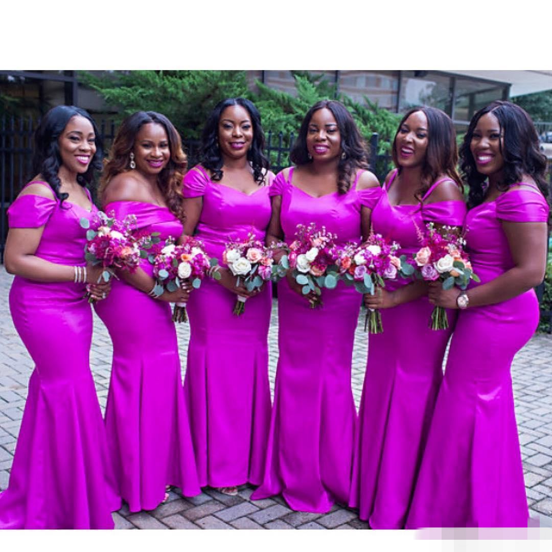 

Fuchsia Mermaid Bridesmaid Dresses 2020 Black Girl Straps Cap Sleeves Floor Length Satin Maid of Honor Gown Plus Size Custom Made