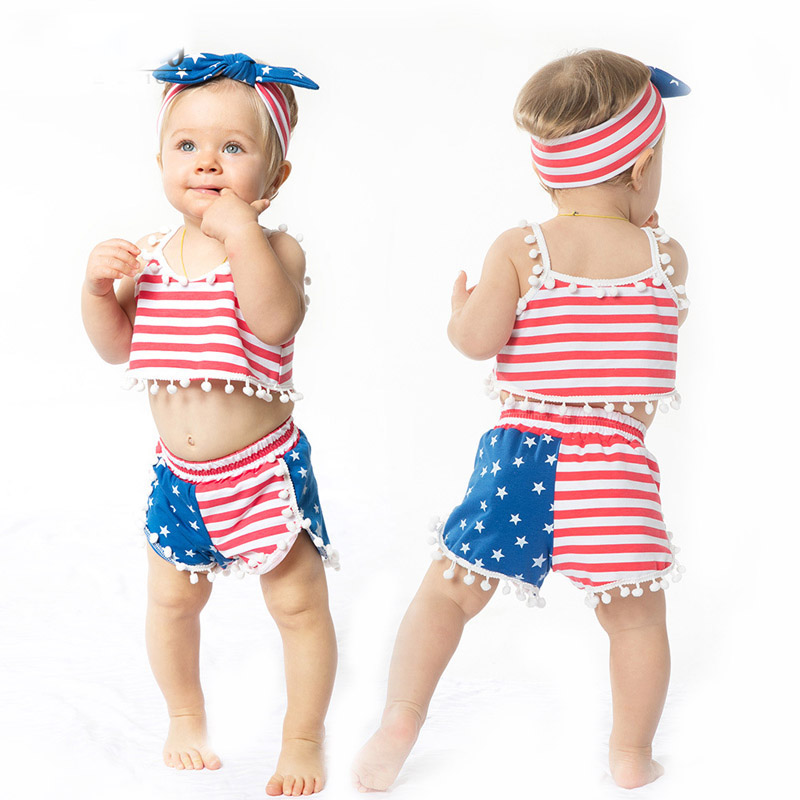 

Kids Girls Striped Outfits Toddler Baby Clothes American Independence Day Splice Tassel Sling Vest Elastic Shorts Headband 1- 060506, Red