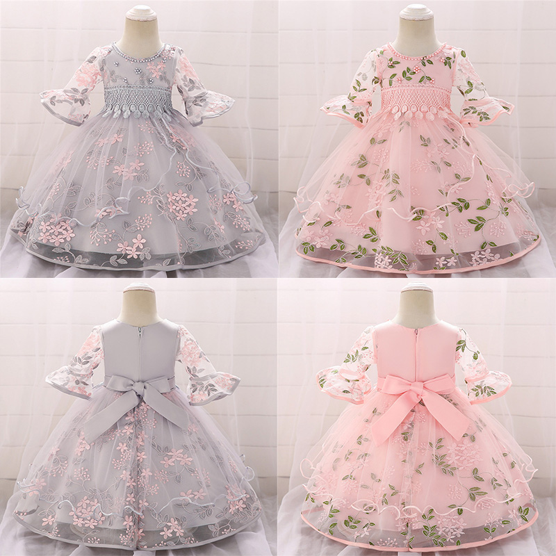

Baby girl Elegant Dress Hundred Day Bow Embroidered Beaded princess Dress Children's Clothing Birthday Party Wedding tulle, Pink
