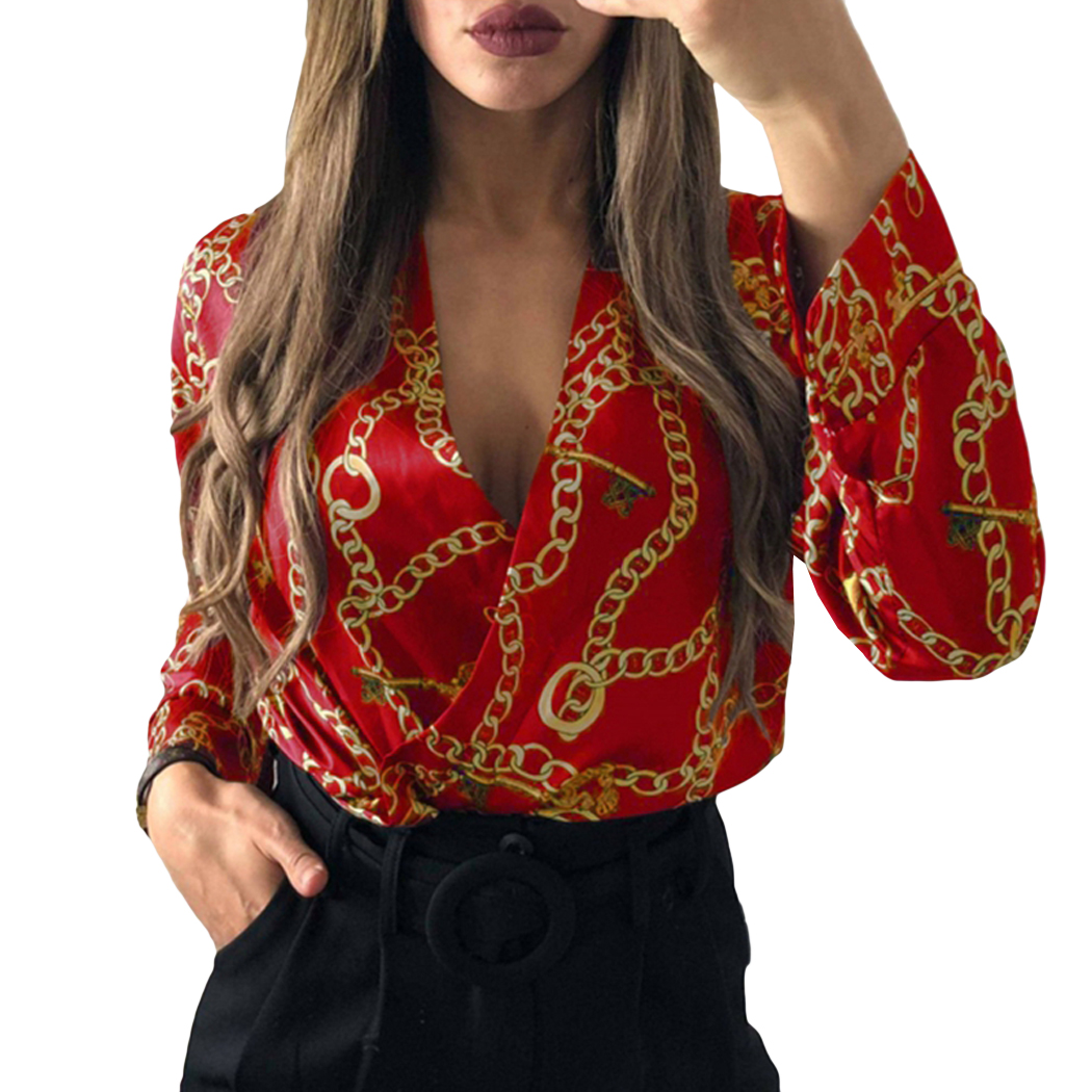 

Sexy Silk Bodysuits Women Chain Tops Deep V-Neck Jumpsuits Long Sleeve Playsuits Rompers Office Ladies Printed Overalls Female, Beige