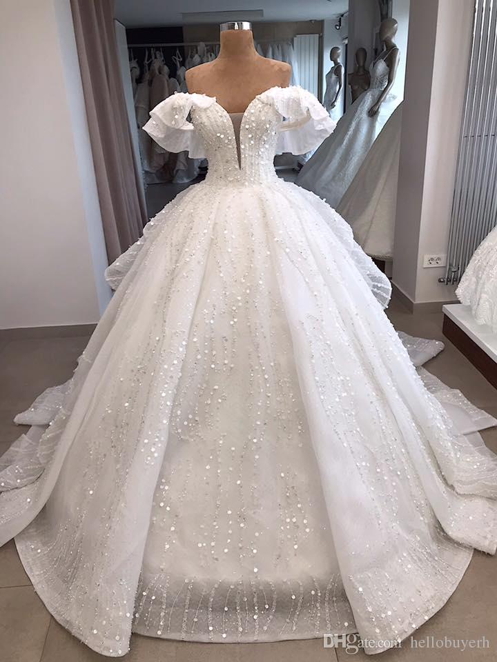 

Real Photo White Off Shoulder Ball Gown Organza zuhair murad Vintage Luxury Wedding Dress Reception Bridal Gowns 2019 Bling Long Train, Same as image