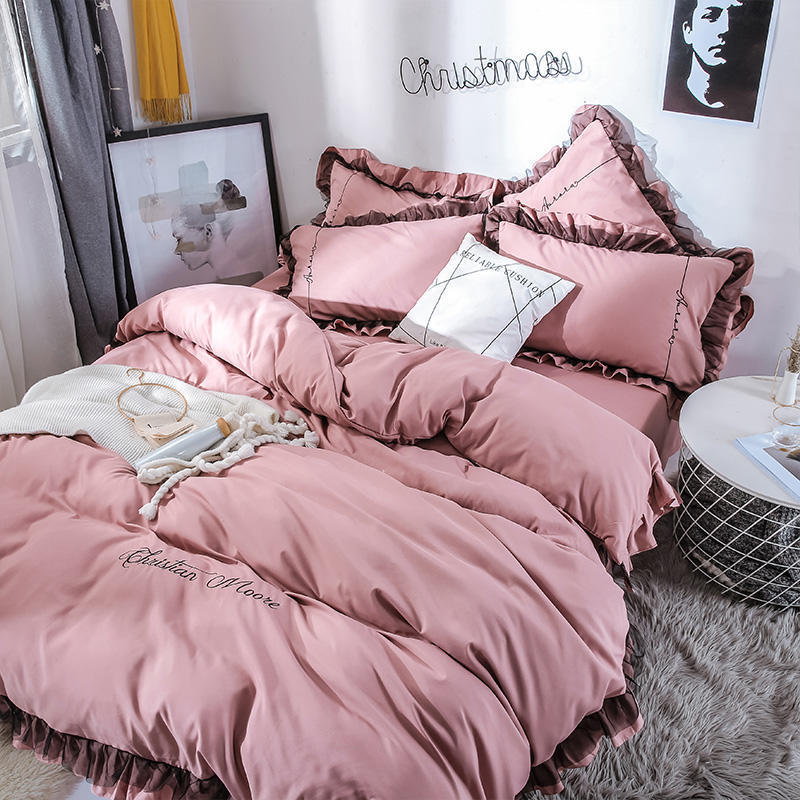 

Spring and summer imitation cotton brushed four-piece girl lace style solid color cotton bed linen quilt bedding, White